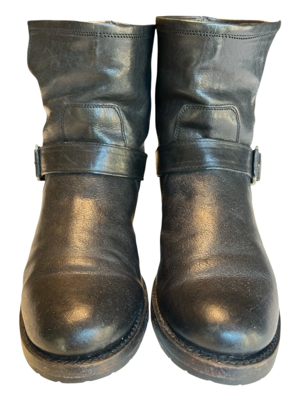 Frye Boots Natalie Short Engineer Black Leather Ankle Buckle SZ 8.5